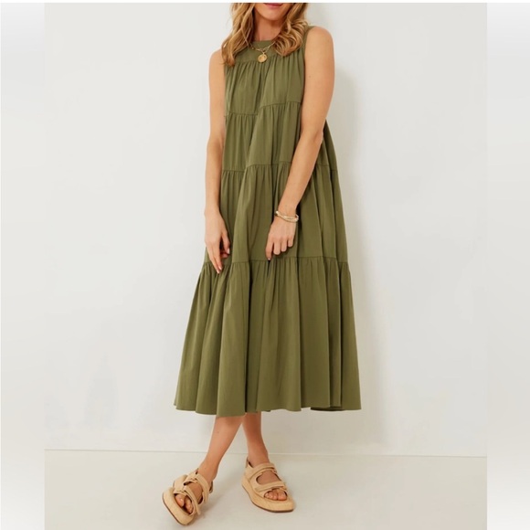 Tuckernuck Pomander Place Olive Green Sleeveless Tiered Carmen Dress Size XXS - Picture 1 of 8